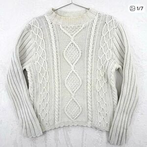 Vintage 90s Y2K Ivory Cable Knit Sweater Fisherman Mock Neck Cotton Made in USA